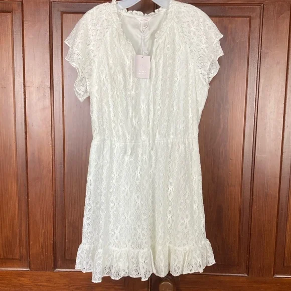 LC Lauren Conrad NWT Fit And Flare Double Ruffle Sleeve White Lace Dress | Sz L - Picture 2 of 7